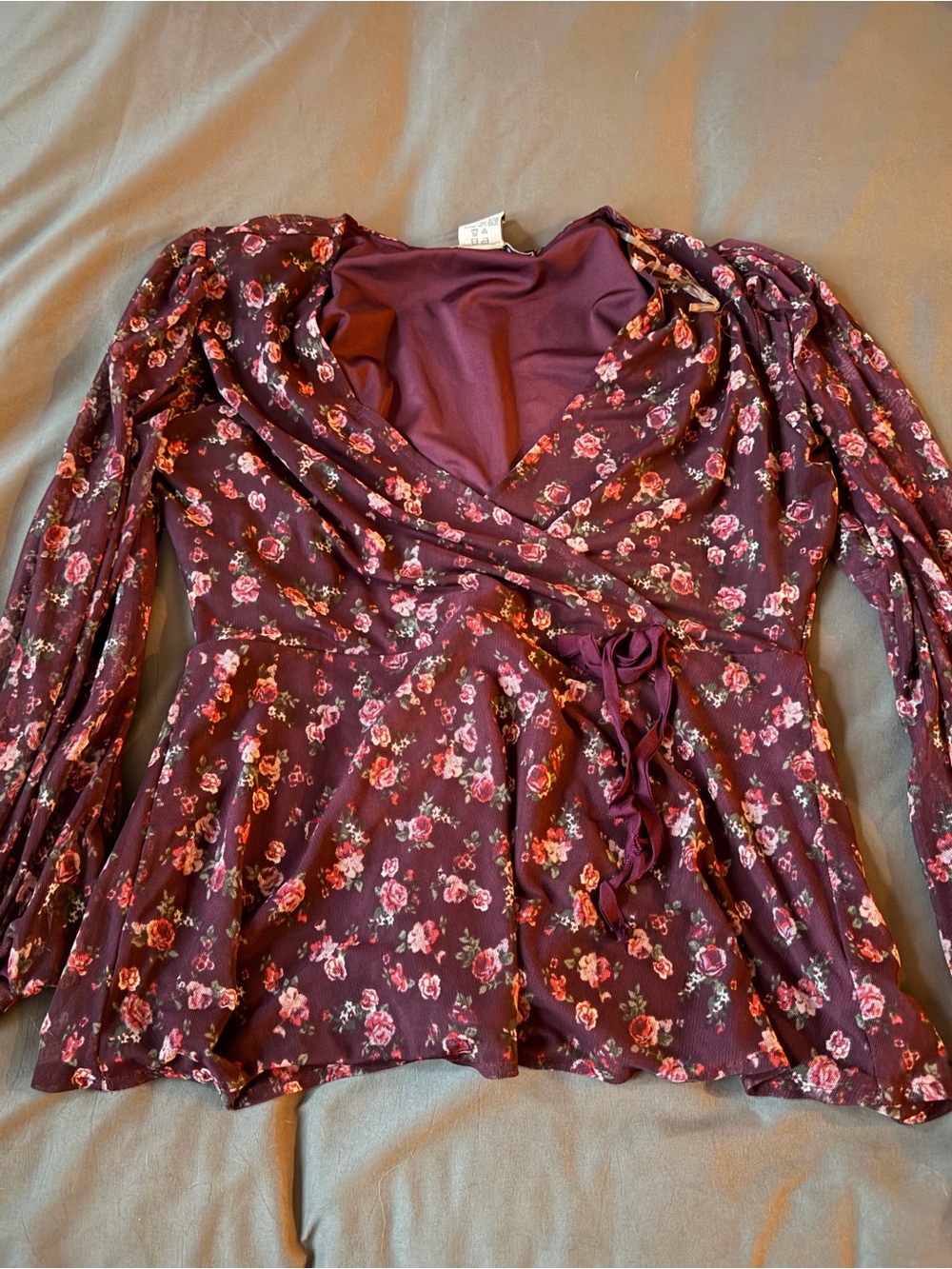 American Rag Burgundy Floral Wrap Blouse